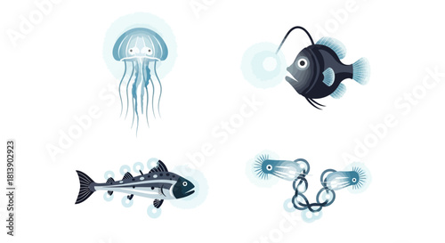 Set of four deep sea creatures and objects.