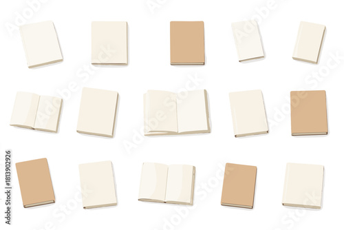 Blank notebooks and books arranged in a grid pattern on a white background