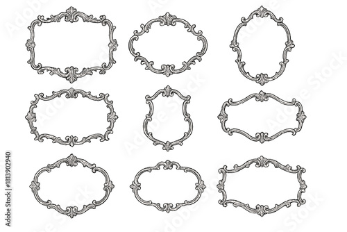 Nine elegant antique ornamental frames and decorative borders in various shapes