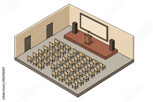 Empty lecture hall interior in isometric perspective with stage, screen, and seating