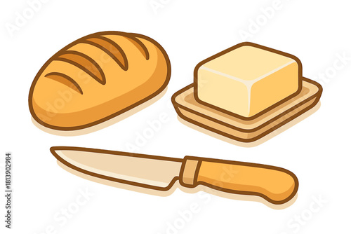 Isometric style bread loaf, butter block, and knife set isolated on white background