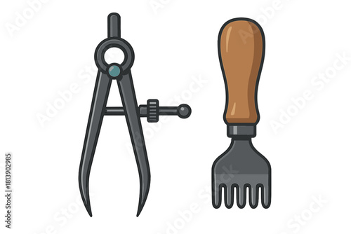 Precision wing divider caliper and leather crafting tool with wooden handle