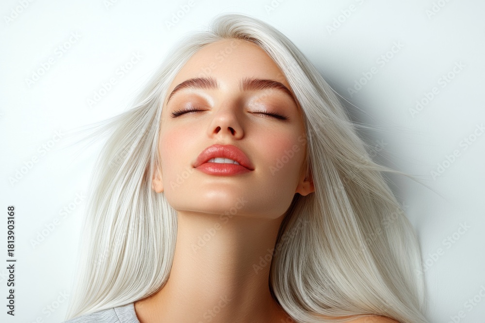 Naklejka premium A beautiful woman with long blonde hair finds peace by closing her eyes in a tranquil and calming environment.