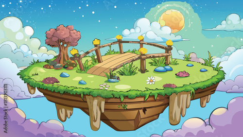 Floating island in the sky covered with grass vector illustration ai generated art