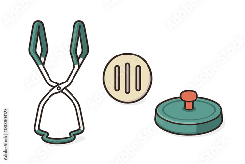 Collection of essential kitchen tools including serving tongs, food press, and circular utensil set
