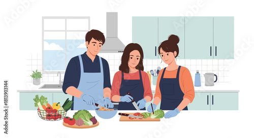 families preparing healthy vegetables and ingredients for cooking in modern