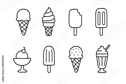 Various frozen dessert treats including ice cream cones, popsicles, sundaes, and milkshakes