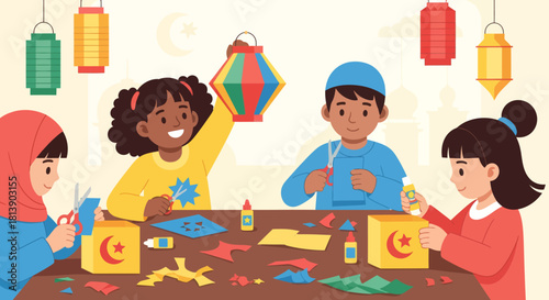 children engaging in creative arts and crafts activity during festive