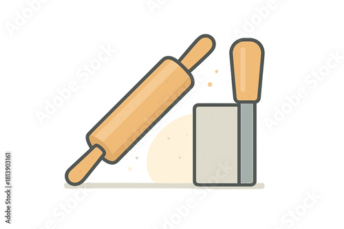 Essential baking tools including a wooden rolling pin and metal bench scraper with dough preparation