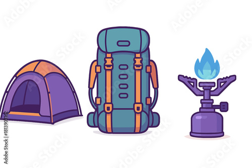 Essential camping gear set: dome tent, large hiking backpack, and portable gas stove