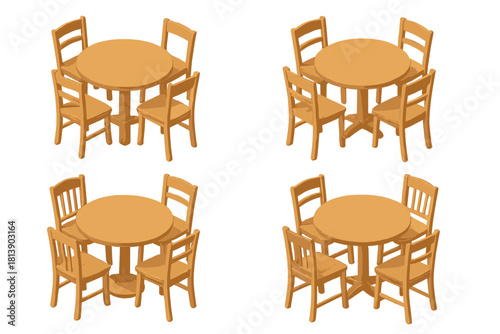 Collection of four wooden round dining table and chair sets for interior design