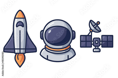 Launching rocket, astronaut helmet, and orbital satellite representing space exploration