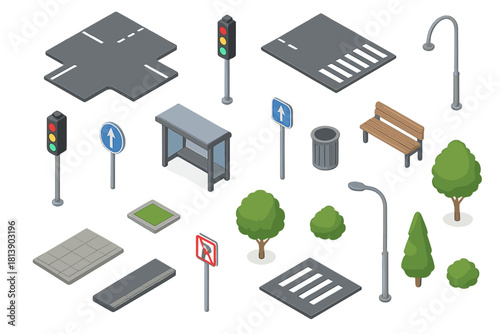 Isometric urban street and park elements set including traffic lights, crosswalks, benches, and trees