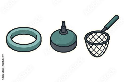 Aquarium accessories set featuring a feeding ring, air stone, and small fish net for aquatic pets