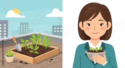 Young Woman Tending Rooftop Garden with Sprouts.