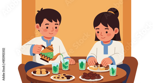 Children enjoying a cozy snack time with cookies and drinks in a warm setting