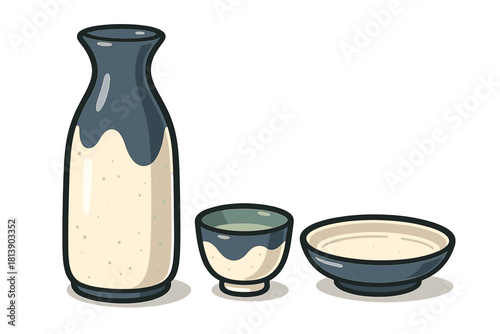 Traditional Japanese sake serving set with ceramic tokkuri bottle and two ochoko cups