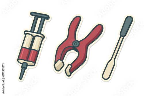 Stylized icons of syringe, utility clamp, and laboratory spatula for science projects