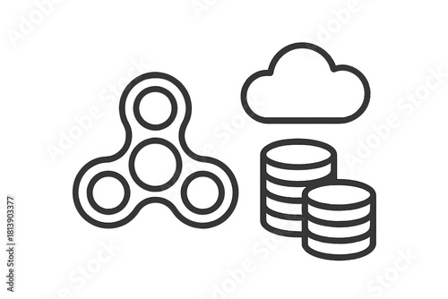 Simple symbols of fidget toy, cloud computing, and stacked data disks
