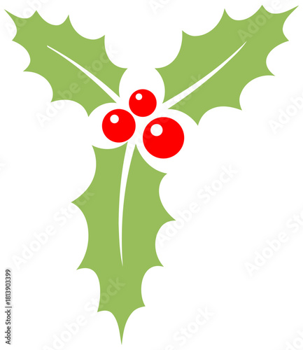 Classic Holiday Holly Branch with Red Berries and Green Leaves Vector Illustration