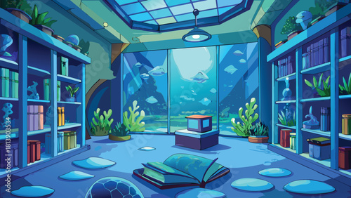 Fantasy underwater cartoon room with glass walls vector illustration ai generated art