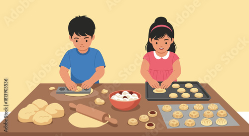 Children Baking and Decorating Cookies in a Cozy Kitchen Setting for Fun and