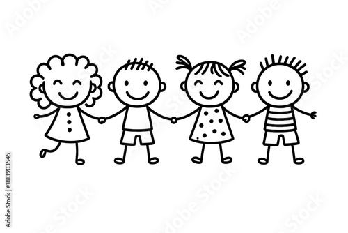Happy stick figure children holding hands in a line symbolizing friendship and unity