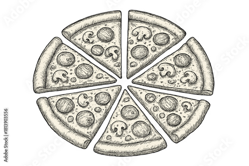 Vintage hand drawn drawing of pizza slices with mushroom and pepperoni toppings