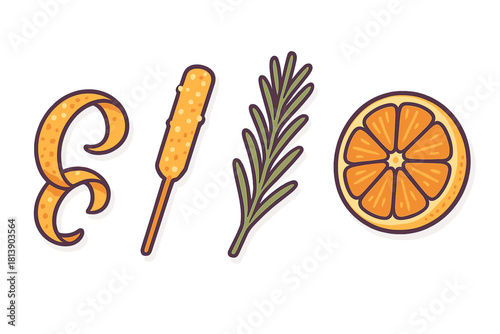 Decorative cocktail garnishes featuring orange peel, citrus swizzle, rosemary sprig, and fruit slice