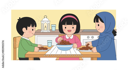 Adorable family enjoying a meal together in a cozy kitchen setting