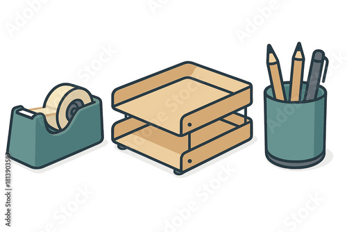 Essential desk accessories set with tape dispenser, paper tray, and pencil holder