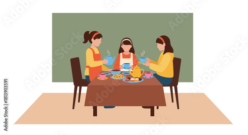 family gathering around dinner table sharing snacks and beverages at home