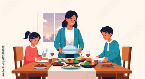 Joyful Family Gathering Featuring a Woman Serving Food During Dinner