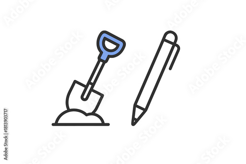 Conceptual representation of research and documentation with a shovel and writing pen