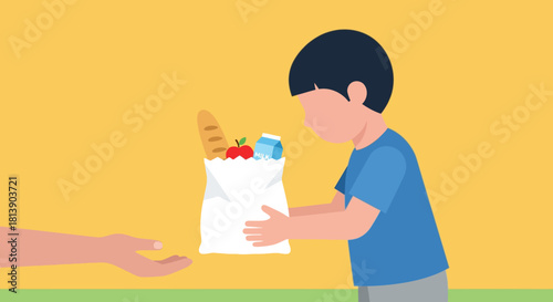 Child Receiving Groceries in a Paper Bag with Fresh Produce and Dairy