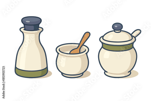 Set of traditional ceramic condiment containers including a sauce dispenser bottle and lidded sugar bowl