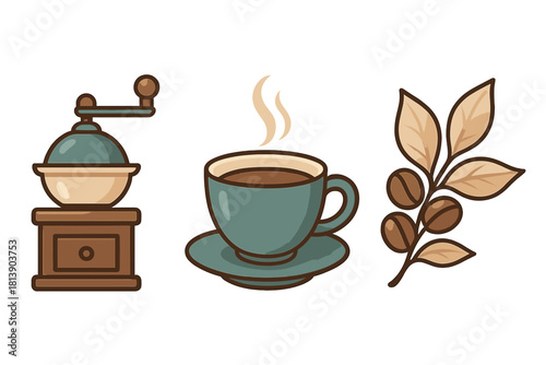 Vintage coffee grinder, steaming cup of hot beverage, and coffee plant branch with beans