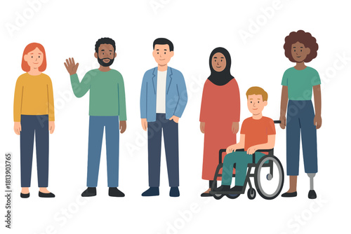 Diverse group of adults standing together representing inclusion and different abilities