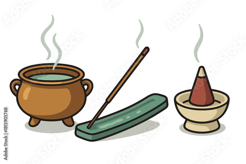 Three different aromatic burners including a steaming cauldron, incense stick, and cone holder