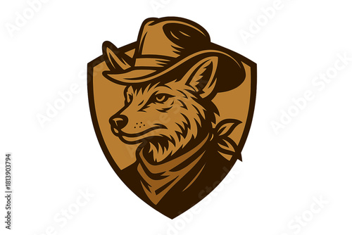Fierce wolf head wearing a cowboy hat and neck bandana, stylized Western mascot emblem