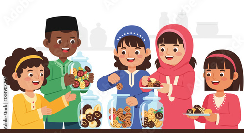 Joyful children enjoying a colorful assortment of homemade cookies and candies