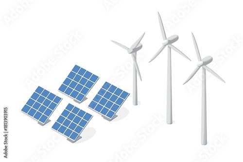 Isometric renewable energy sources featuring solar panels and wind turbines on a white background