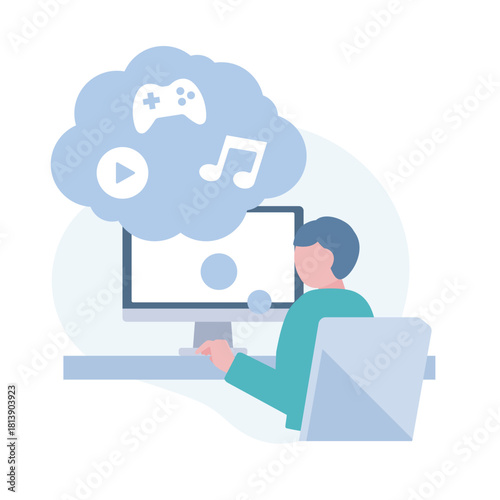 パソコンの前で注意散漫になる人（音楽・動画・ゲームの空想）