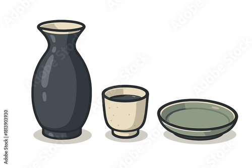 Traditional Japanese sake serving set with ceramic flask, drinking cup, and small dish