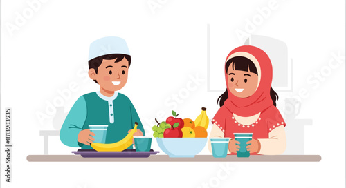 children enjoying traditional breakfast with fresh fruits and drinks in