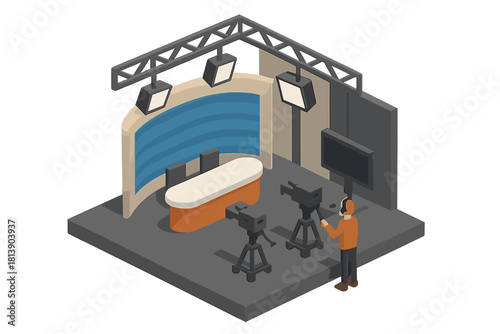 Professional TV news broadcast studio setup with cameras, lighting, and control technician