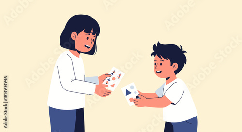 Children Engaged in Educational Activities Using Tablets and Workbooks