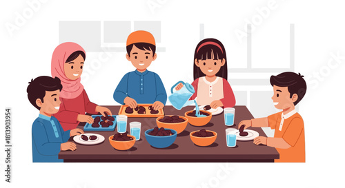 Diverse family enjoying a warm shared meal at a modern kitchen table