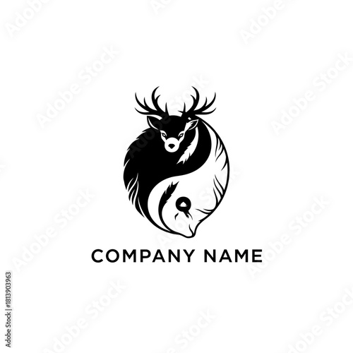Deer head with antlers integrated into a yin yang symbol, black and white design.