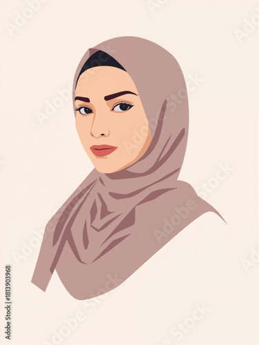 A beautiful woman wearing a light brown hijab is looking forward vector 